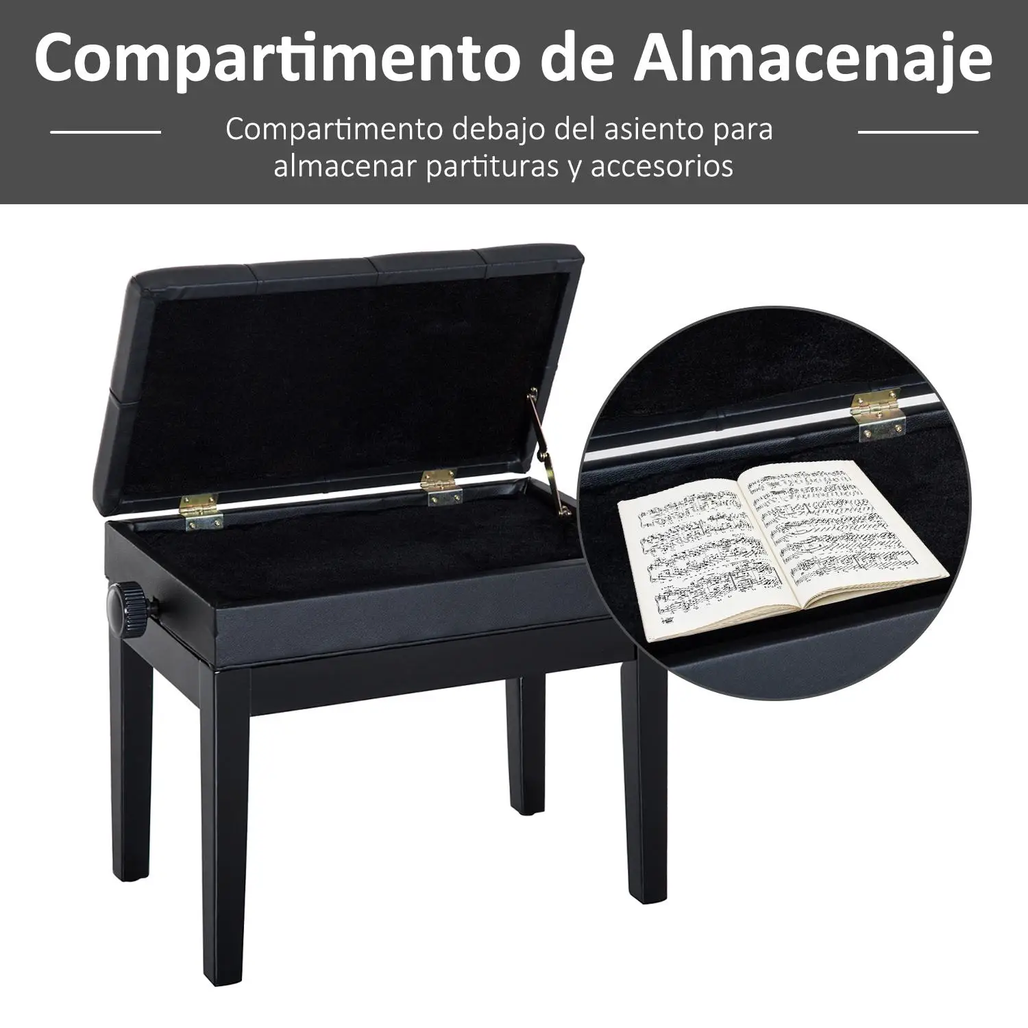 Hauteur réglable 48-58 cm avec espace de rangement, siège en similicuir, pieds en bois résistants à 200 kg pour salle de musique