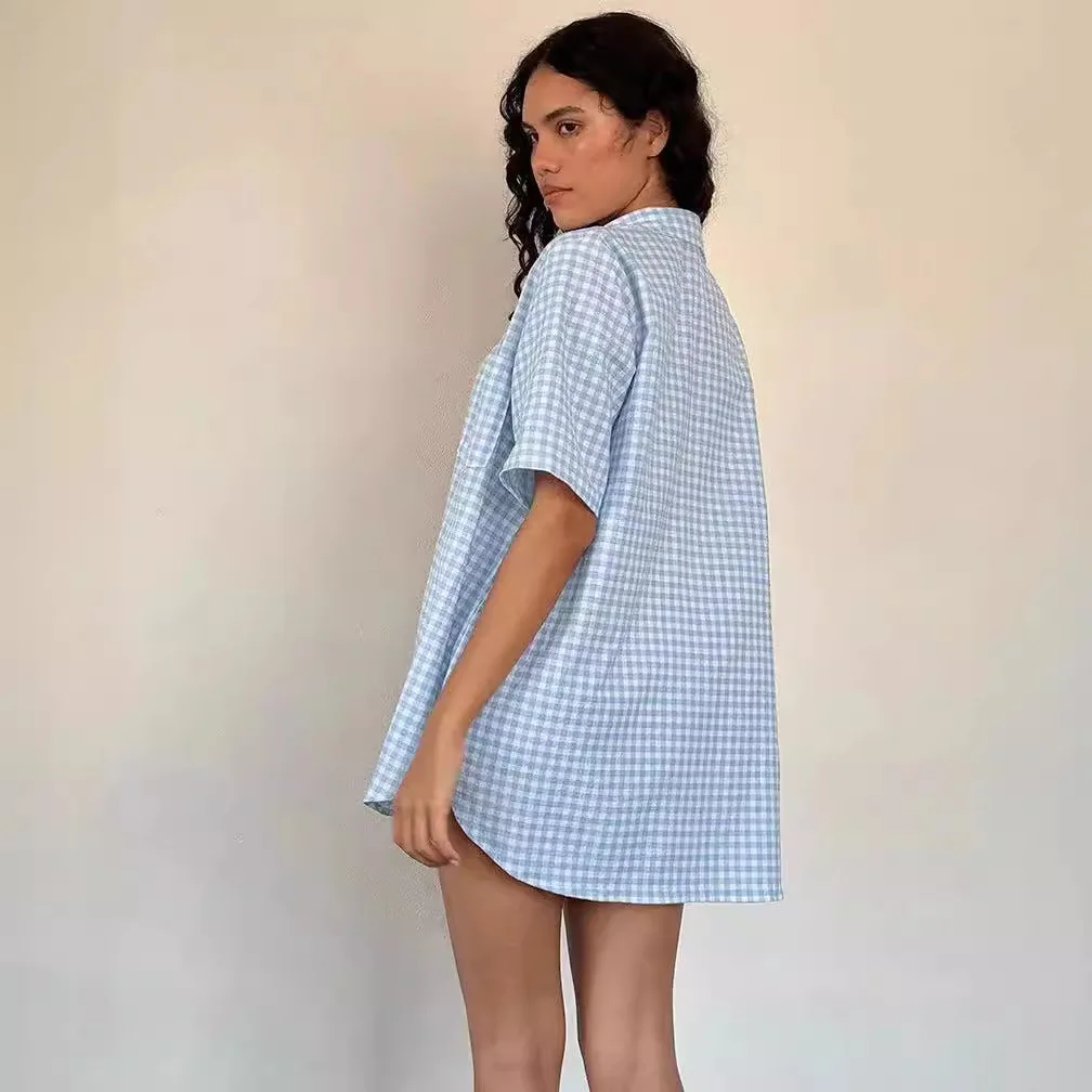 

Женский повседневный домашний комплект в клетку, удобный дышащий модный летний комплект из двух предметов для отдыха в домашних условиях