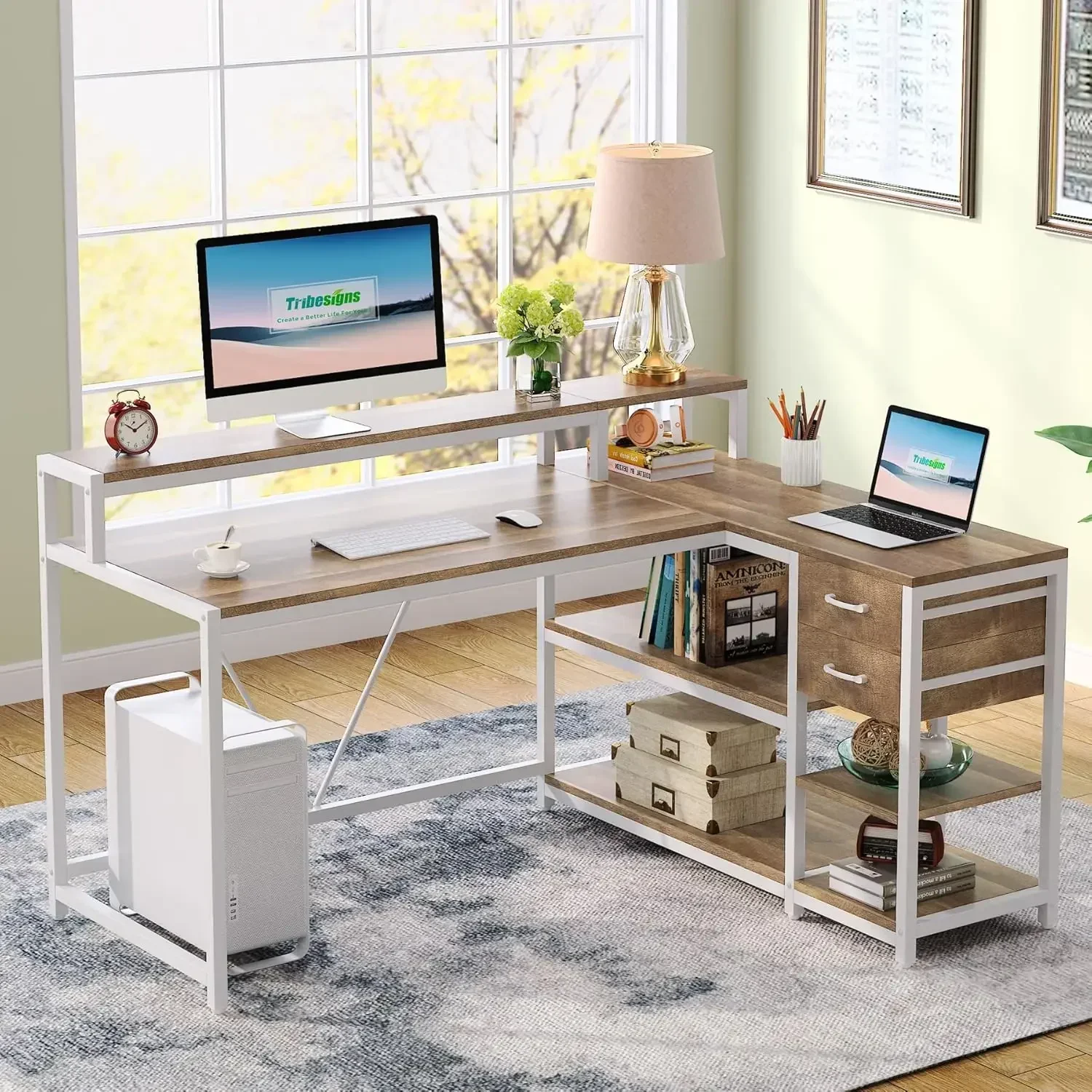 

Reversible 55-inch L Shaped Desk with Drawer, Modern L Corner Desk Home Office Table with Storage Shelves and Monitor Stand