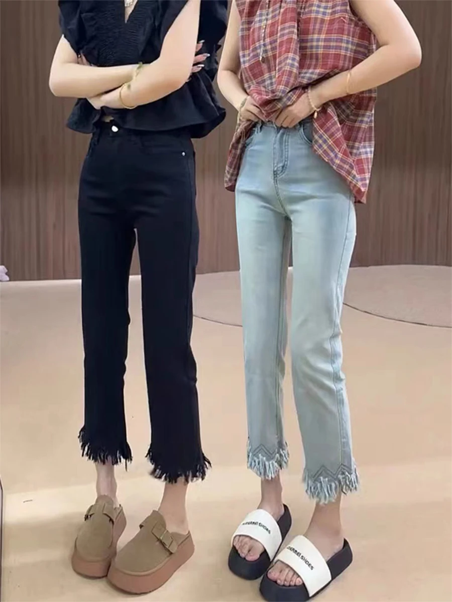 

High Waist Slimming Straight Leg Jeans Women's Spring 2026 plus Size Frayed Hem Elastic Ankle Length Cotton Stretch Denim