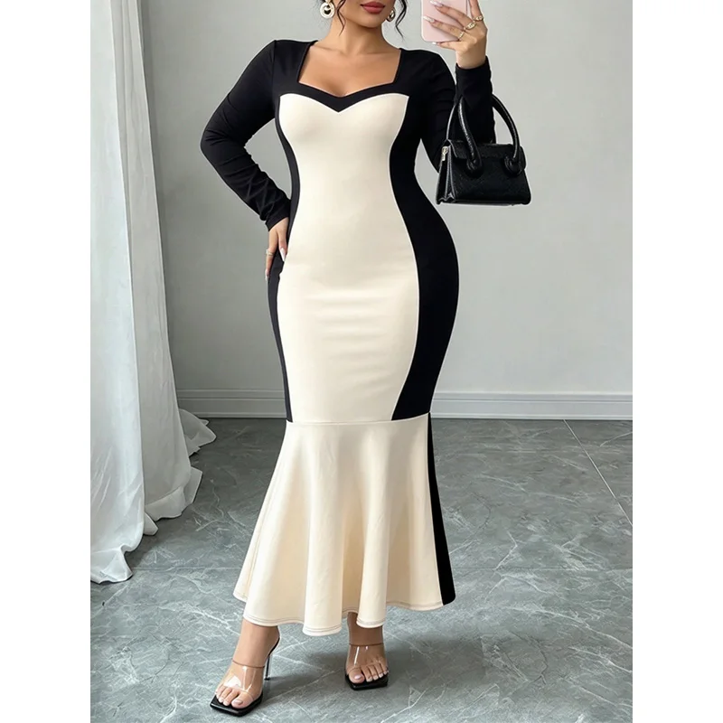 Slergiri Plus Size Sweettheart Neck Colorblock Mermaid Hem Dress Women Spring Autumn Evening Party Bodycon Elegant Long Dresses 3