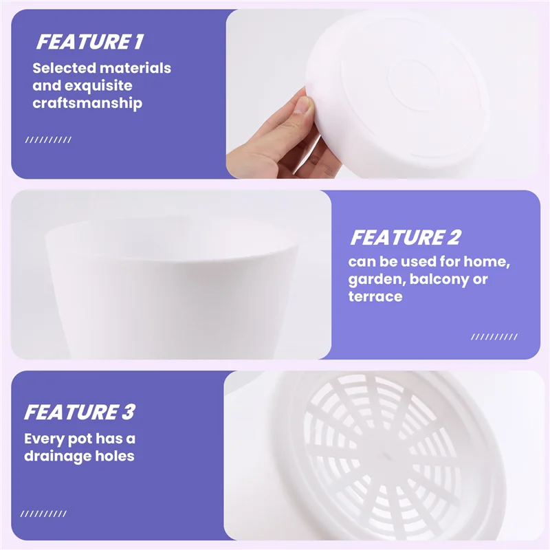 A59E-Plastic Plant Flower Pot Planter With Saucer Tray Round Gloss Home Garden Decor, White Upper Caliber -, 17Cm / 6.69"