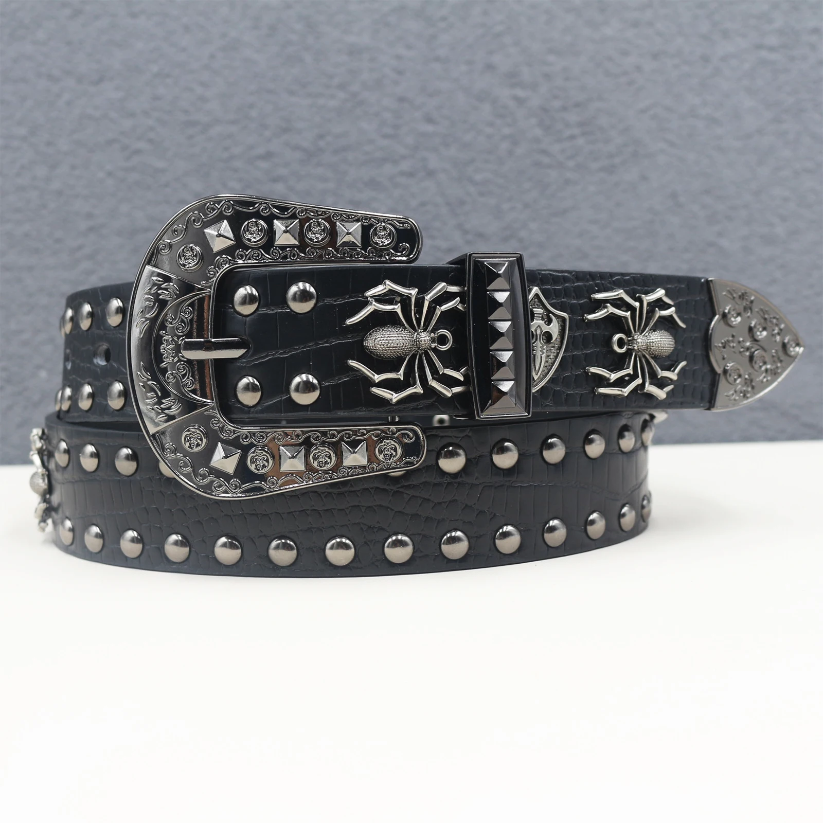 

Ремень с заклепками в виде паука, ковбойский ремень из искусственной кожи в стиле вестерн-мужской украшение на талию с цветочной гравировкой для джинсов