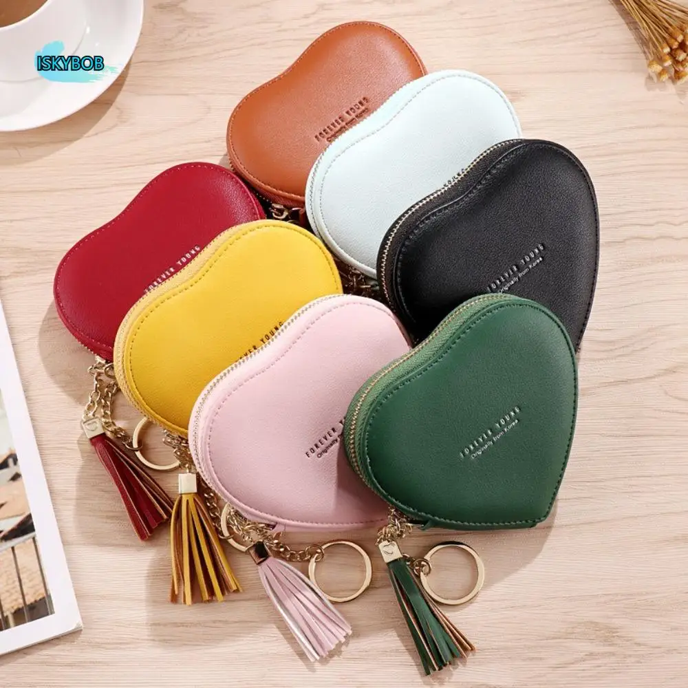 

Simple Zipper Heart Shape Wallet Tassels PU Leather Love Heart Coin Purse Mini Clutch Key Ring Earphone Bag Daily