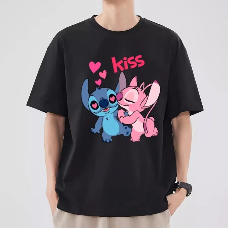 

MINISO Lilo & Stitch T Shirt Women Couple Combination Clothes Short Sleeve Collar Fashion T-shirt Man Cotton