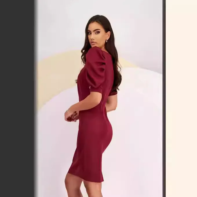 

Весеннее темпераментное облегающее среднее и длинное сексуальное женское платье с запахом на бедрах и тонкими рукавами-пузырьками