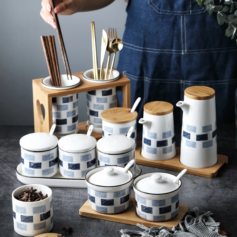 Home Ceramics Spice Jar Set Combination Chopsticks Drain Stand Oiler Salt Shaker Seasoning Box Three-piece Container