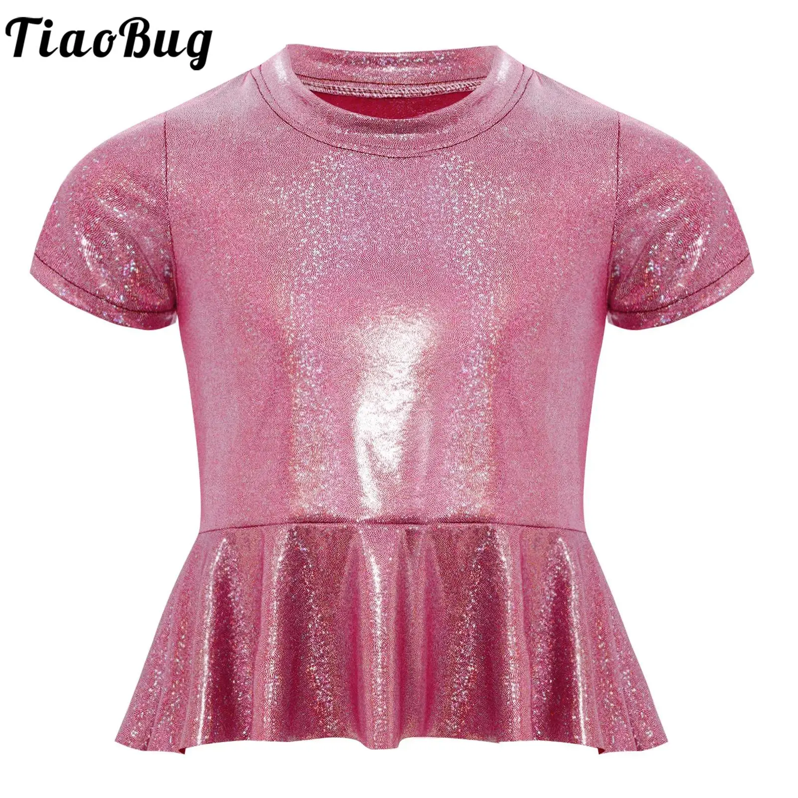 

Kids Girls Metallic Peplum Shirts Top Jazz Modern Dance Costume Short Sleeves T-shirt for Cheerleading Stage Performance Party