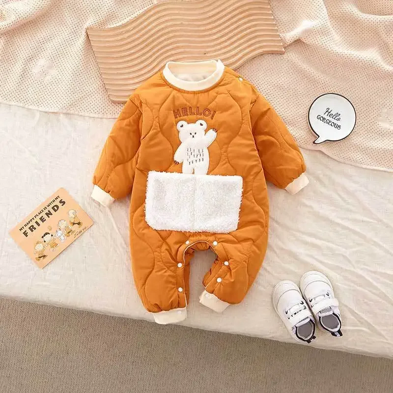 2024 Winter Baby Clothing 0-2Y Newborn Thicken Jumpsuit Infant Fur Lining Warm Rompers Toddler Cartoon Bear Outwear