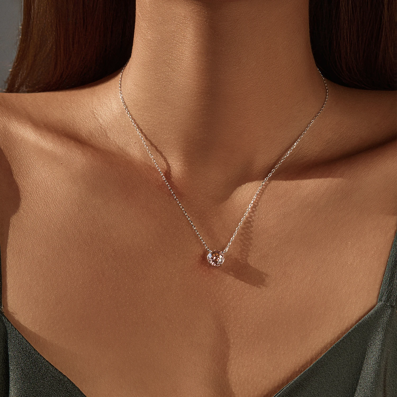 YANLOK 925 Sterling Silver Sweet 2 Sizes Round Morgan Pink Rose Cut CZ Pendant Necklace For Women Fine Jewelry