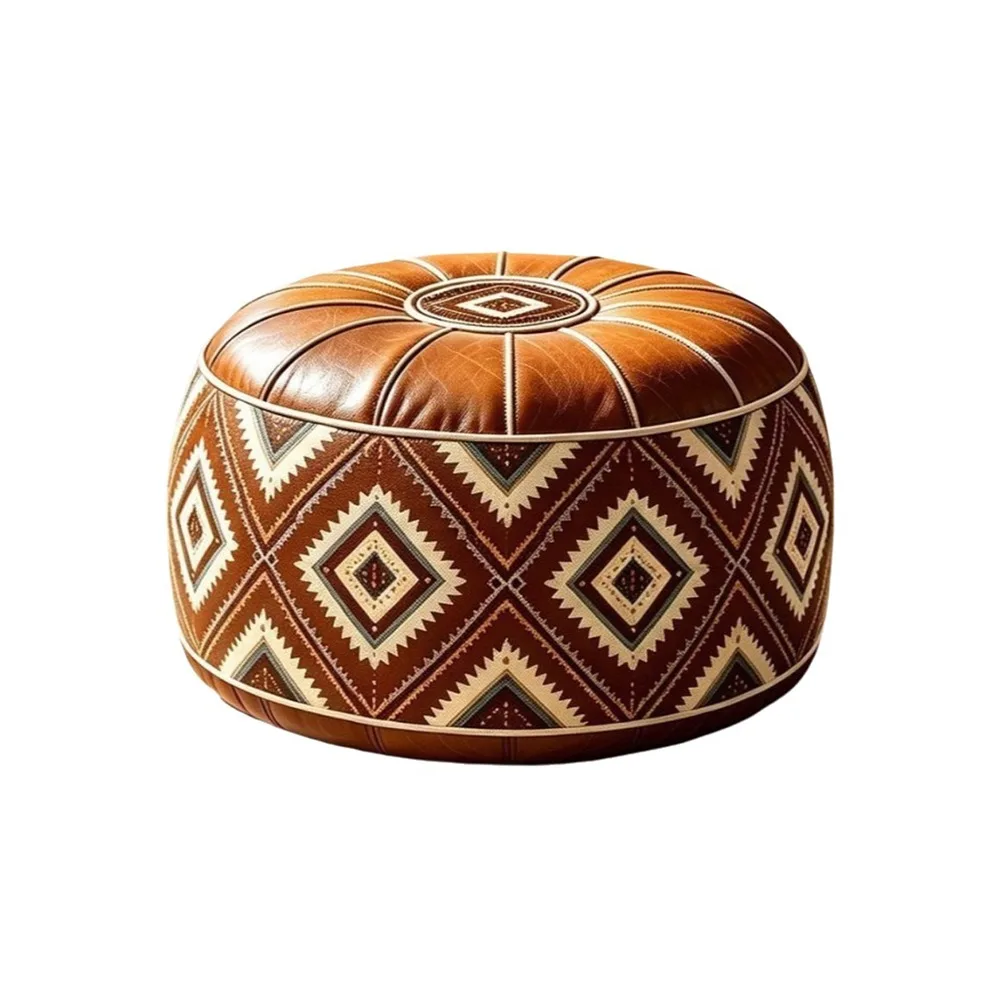PU Leather Boho Style Seat Cushion Cover Fillable Design Unstuffed Round Footstool Cover Large Capacity Waterproof