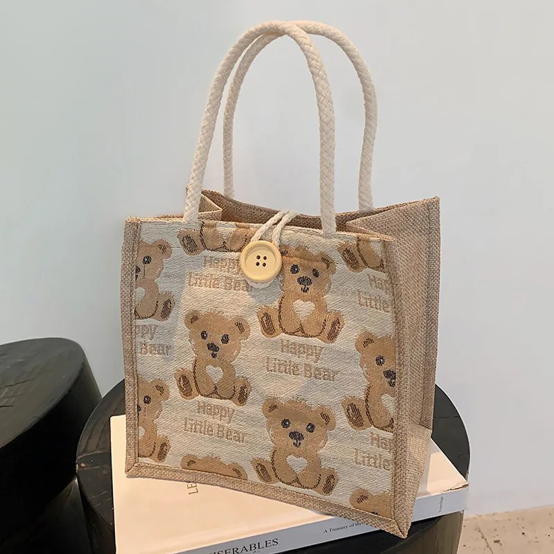 Bear Linen Tote Bag Female Outing Hand Bag 2024 Internet Celebrity Ins Japanese Small Shoulder Bag Student Shoulder Bag