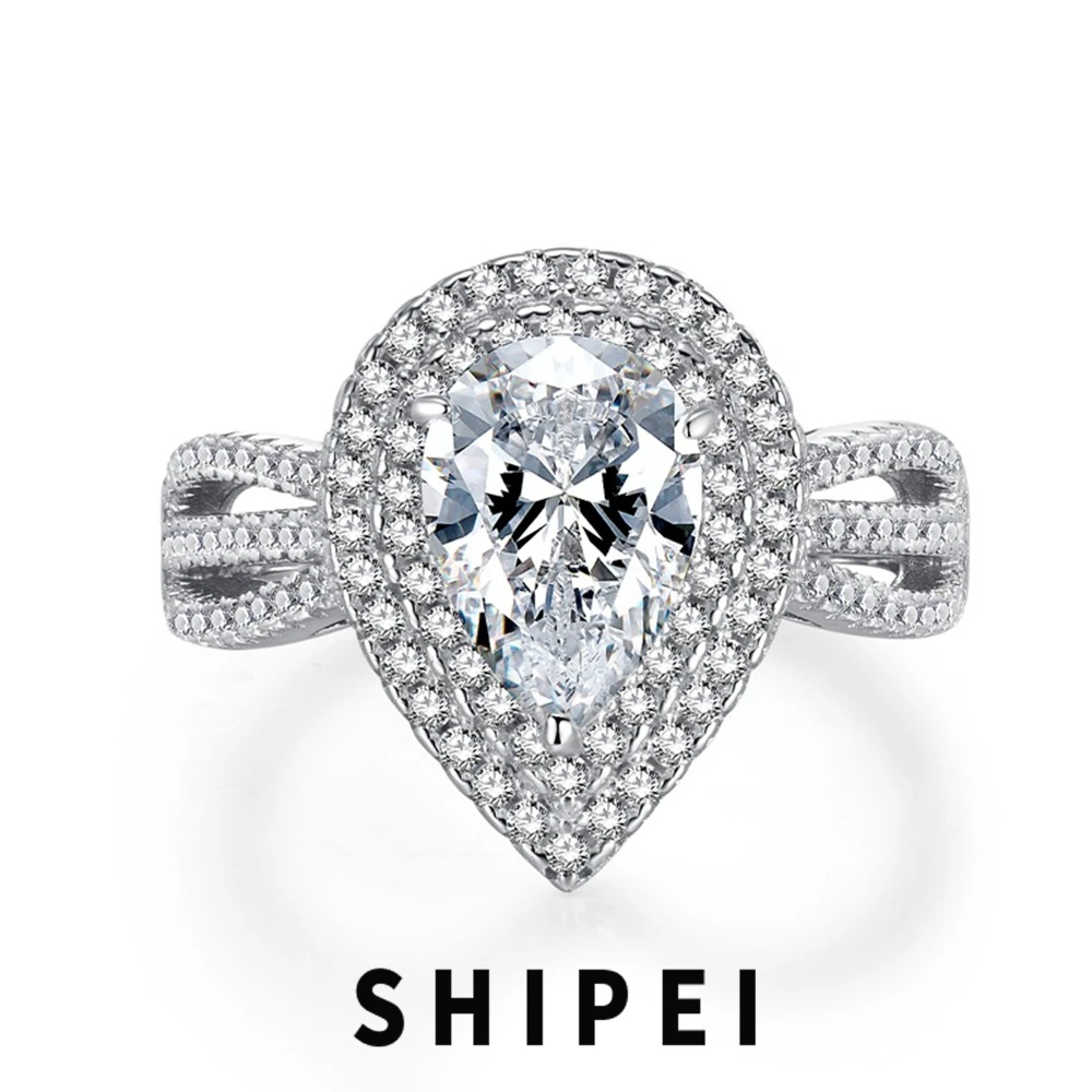 

SHIPEI Luxury 925 Sterling Silver Pear Cut 7*10 MM White Sapphire Gemstone Wedding Fine Jewelry Engagement Couple Ring Wholesale