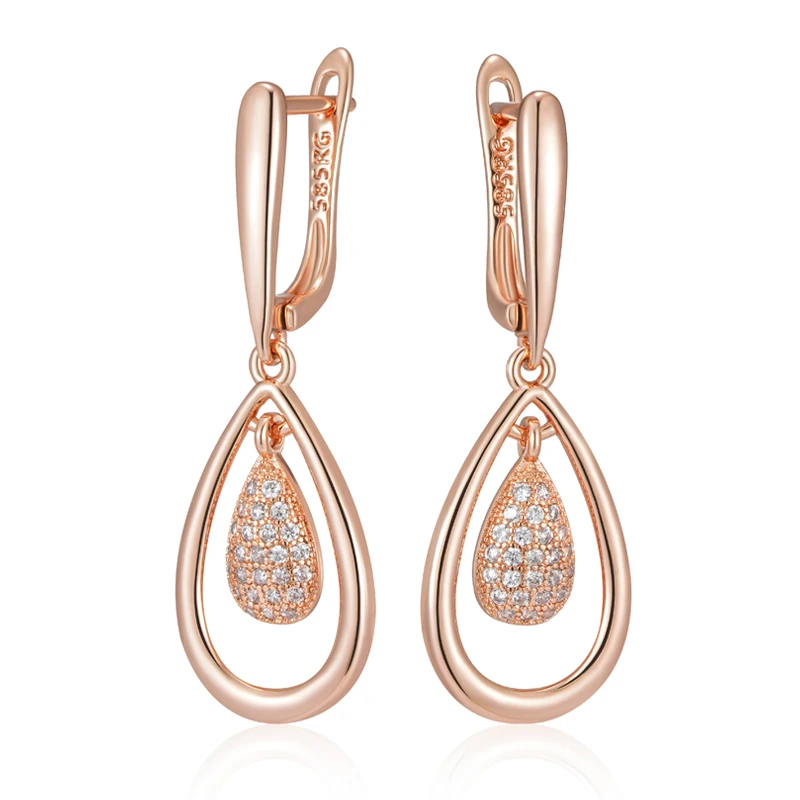 Kienl Hot Full Shiny Natural Zircon Drop Earring for Women 585 Rose Gold Color Unique Water Drop Crystal Daily Vintage Jewelry