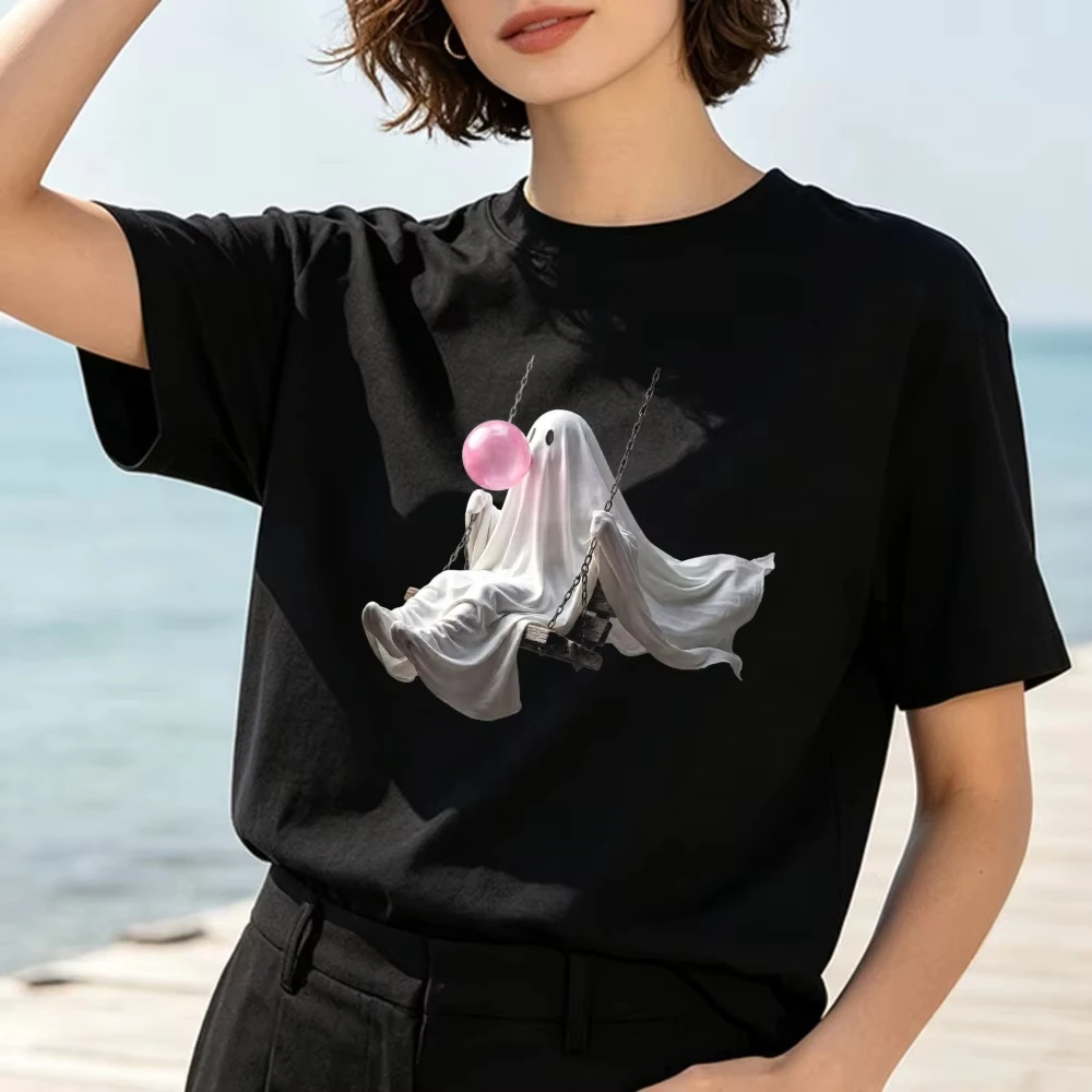 Swinging Ghost Bubble Gum Halloween Shirt Spooky Fall Graphic Tshirt Whimsical Halloween Tee Cozy Autumn Gift Casual Cotton Tops