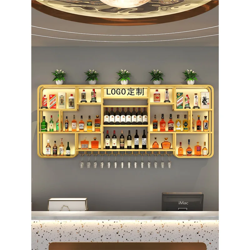 Restaurant wall-mounted wine cabinet display cabinet store simple wall wine rack bar luminous wrought iron wine rack