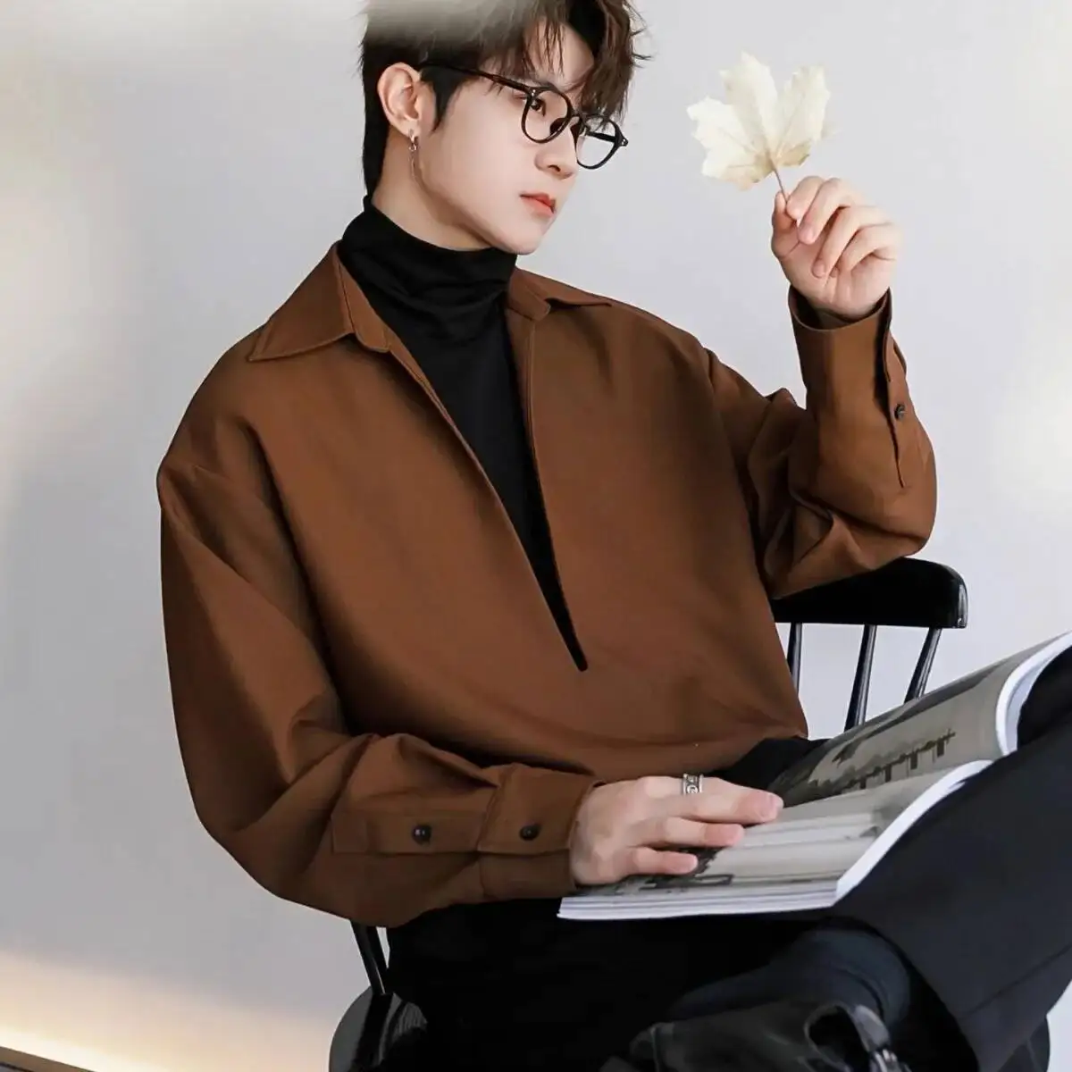 

Design Sensation Men's Shirt Heavyweight False Two-Piece Deep V Collar Color Block Patchwork Japanese Style Casual Wear