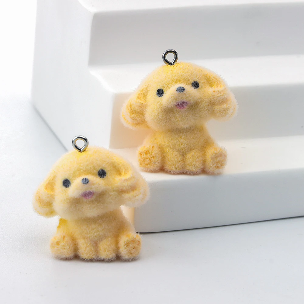 30 pcs 3D Flocked Resin puppy charms Plush Doll Pendant For Necklace Keychain Jewelry Making DIY Handmade Accessories Wholesale