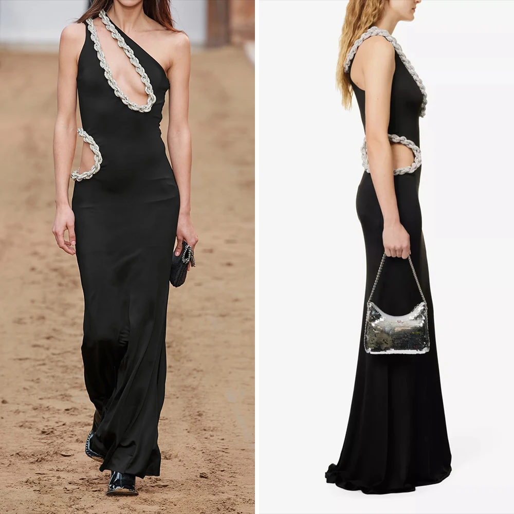 Luxe kristal gevlochten touw uitgesneden maxi-jurk mouwloos off-shoulder strass bodycon lange jurk cocktailparty