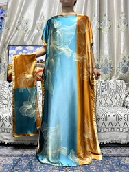 Muslim Fashion Abayas For Women Printed Multicolor Satins Silk Loose Femme Robe African Evening Party Dresses With Hijab Turban