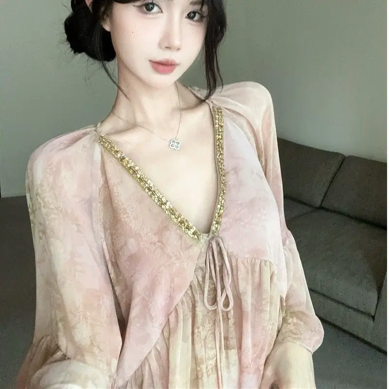 여성을위한 부드러운 v 넥 꽃 쉬폰 블라우스 여름 분위기 한국 스타일 고귀한 빈티지 콜드 페어리 탑