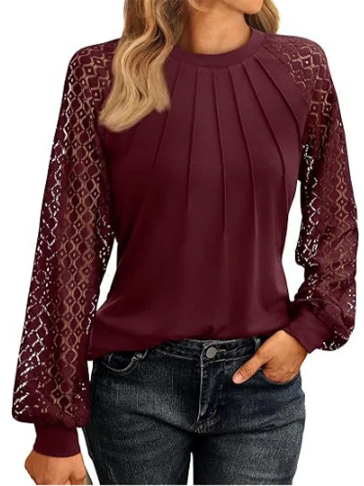 

Elegant Lace Pleated Solid Color Shirts Women's Round Neck Lantern Long Sleeved Blouse Autumn Daily Casual Top