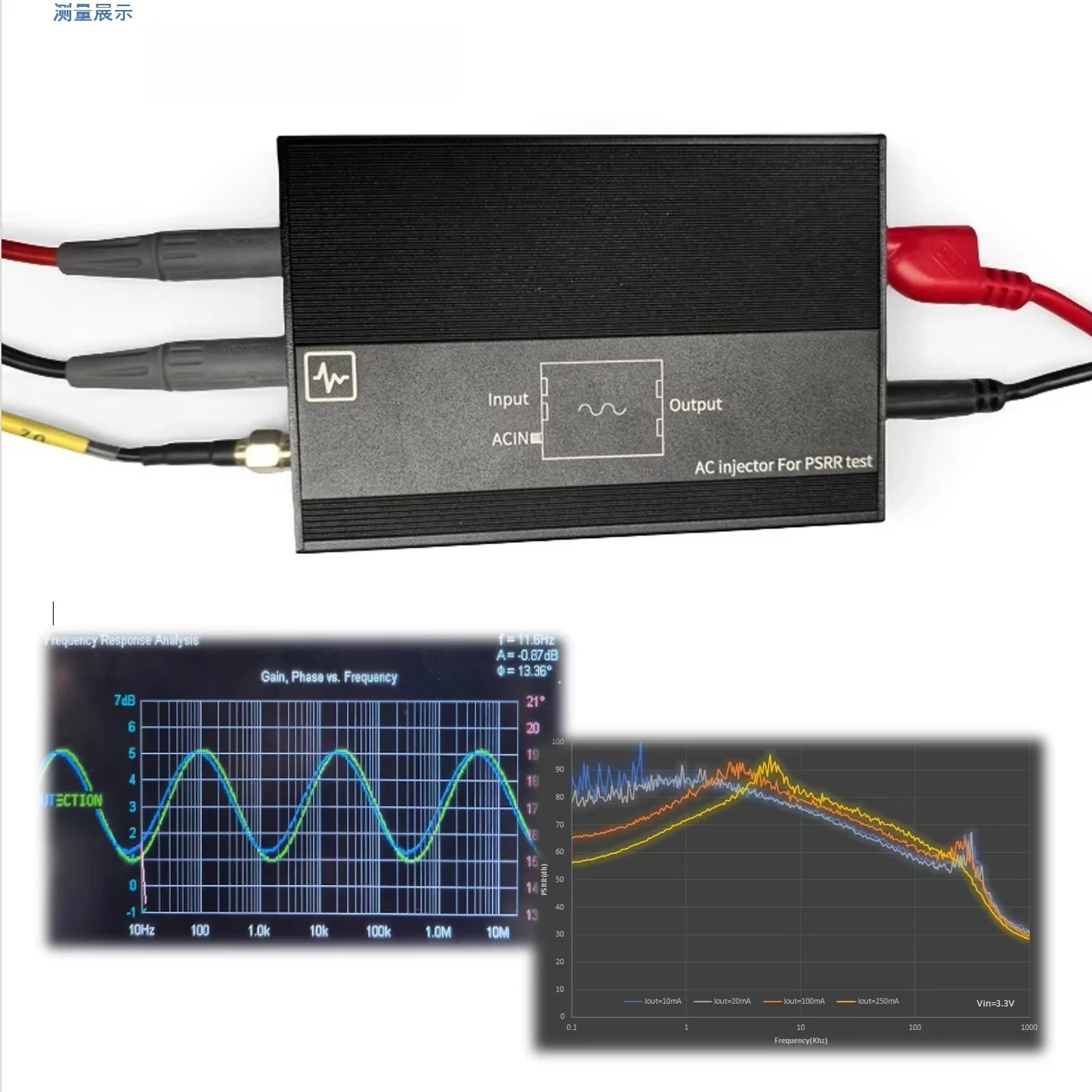 Bandwidth 1 Hz to 20 MHz 100 V Power Supply Ripple Suppression Ratio (PSRR) Test Adapter J2120A+ Injector