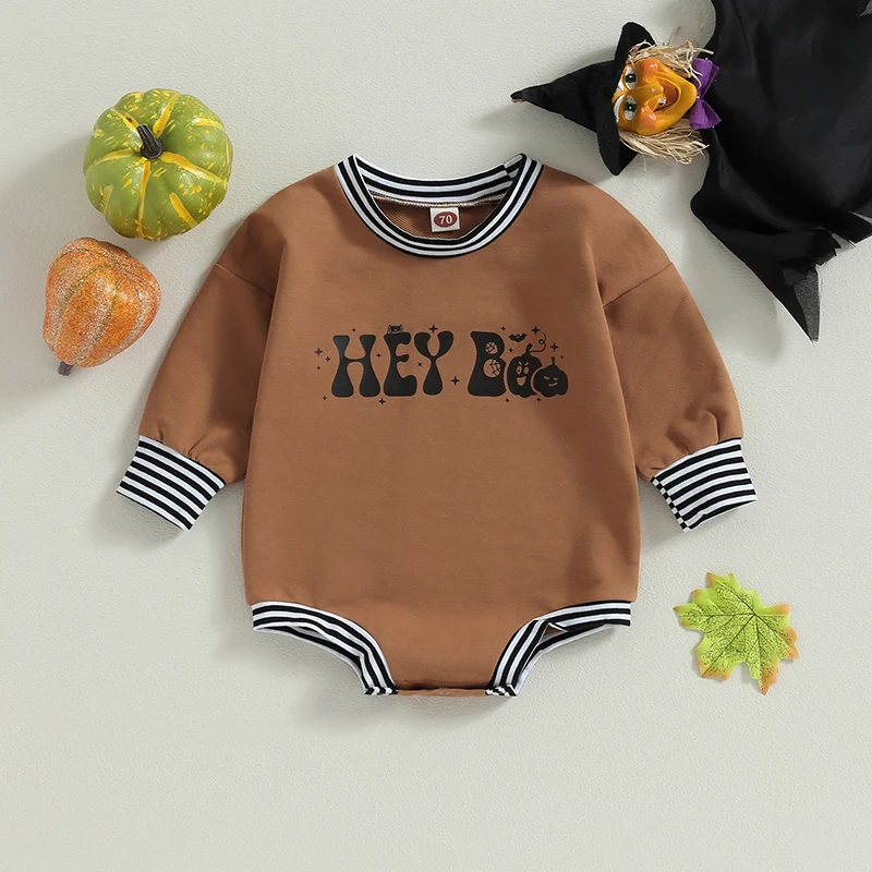 

Baby Girls Boys Sweatshirts Rompers Halloween Clothes Stripe Pumpkin Letter Print Long Sleeve Toddler Fall Bodysuits