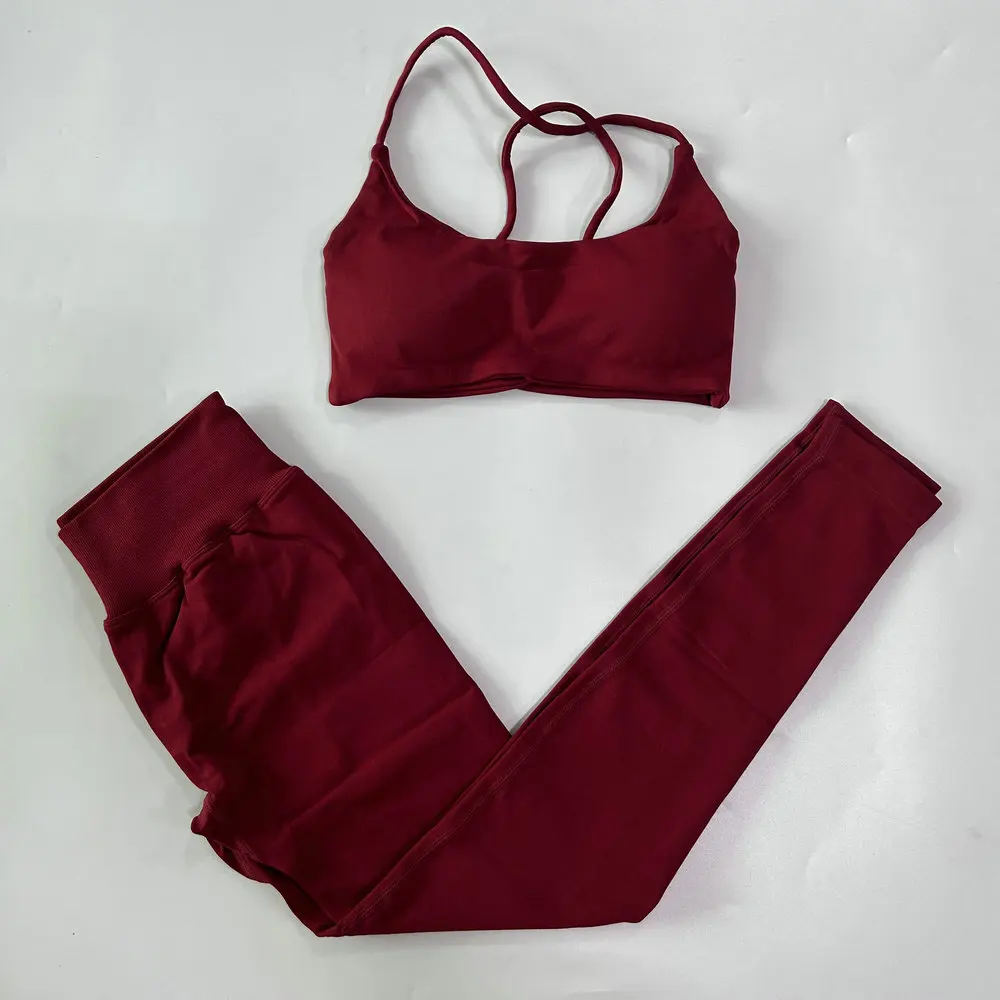 2-teiliges Sport-Set für Damen, nahtloser Yoga-BH mit Riemchen am Rücken, mittlerer Halt, Yoga-Leggings mit hoher Taille, Scrunch-Gym-Hose, Fitness-Strumpfhose – Detail 15
