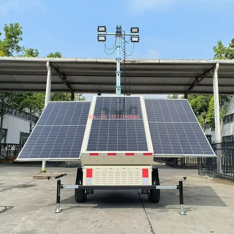 wmwmnu Mobile Solar LED Light Tower Trailer with 9m Telescopic Mast and 3x470W Solar Panels for Construction Mining Road