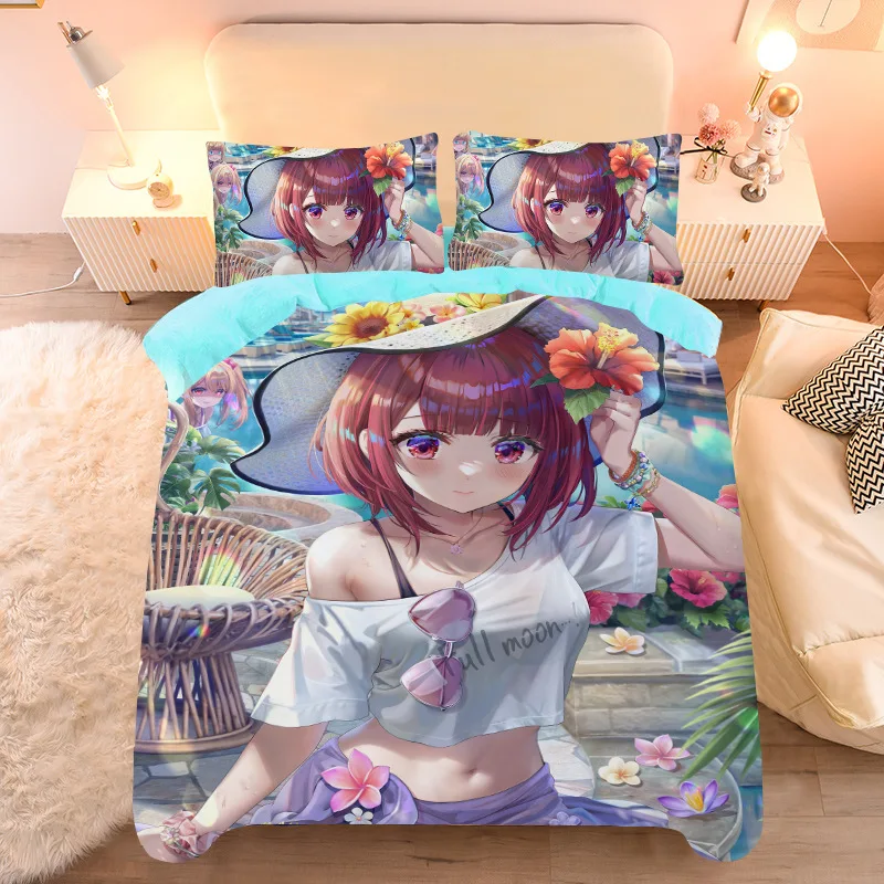 OSHI NO KO King Size Bedding Set Cute Anime Figure Hoshino Ai 3D Print Pillowcase Quilt Cover Sets Student Dormitory Bed Linings