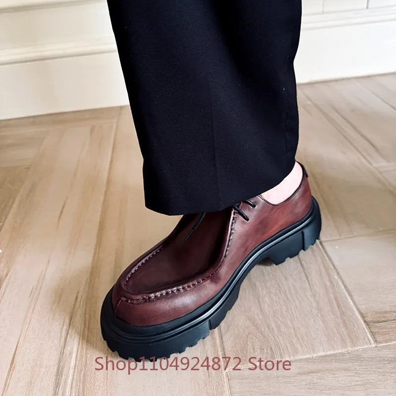 New High End Cow Leather Thick Sole Height Increasing Casual Leather Shoes Men's Genuine Leather Retro Business Dress Male Shoes