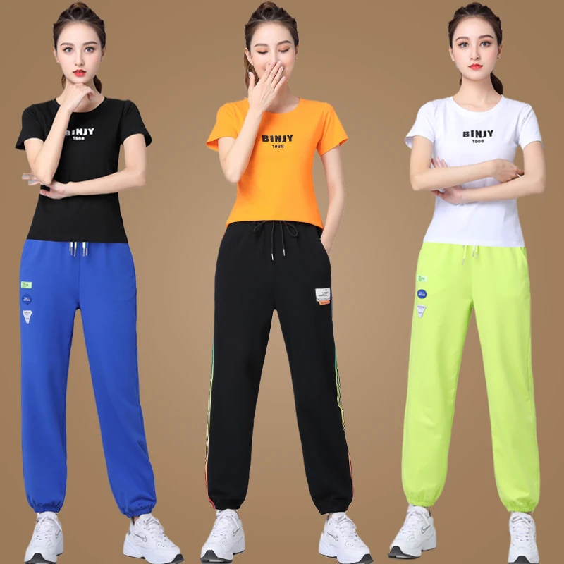 new-fitness-short-sleeve-set-women's-casual-pure-cotton-square-dance-clothing-spring-summer-leisure-dance-sportswear