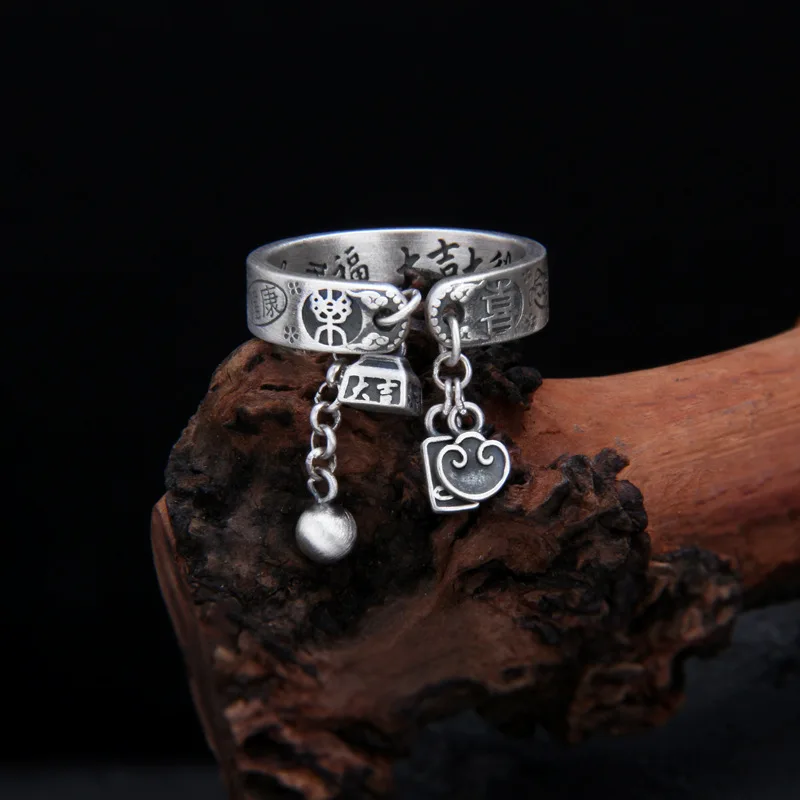 

new S999 Full Silver Xiangyun Yuanbao Tassel Ring, Women's Retro Fashion Original Handmade Graffiti Ring