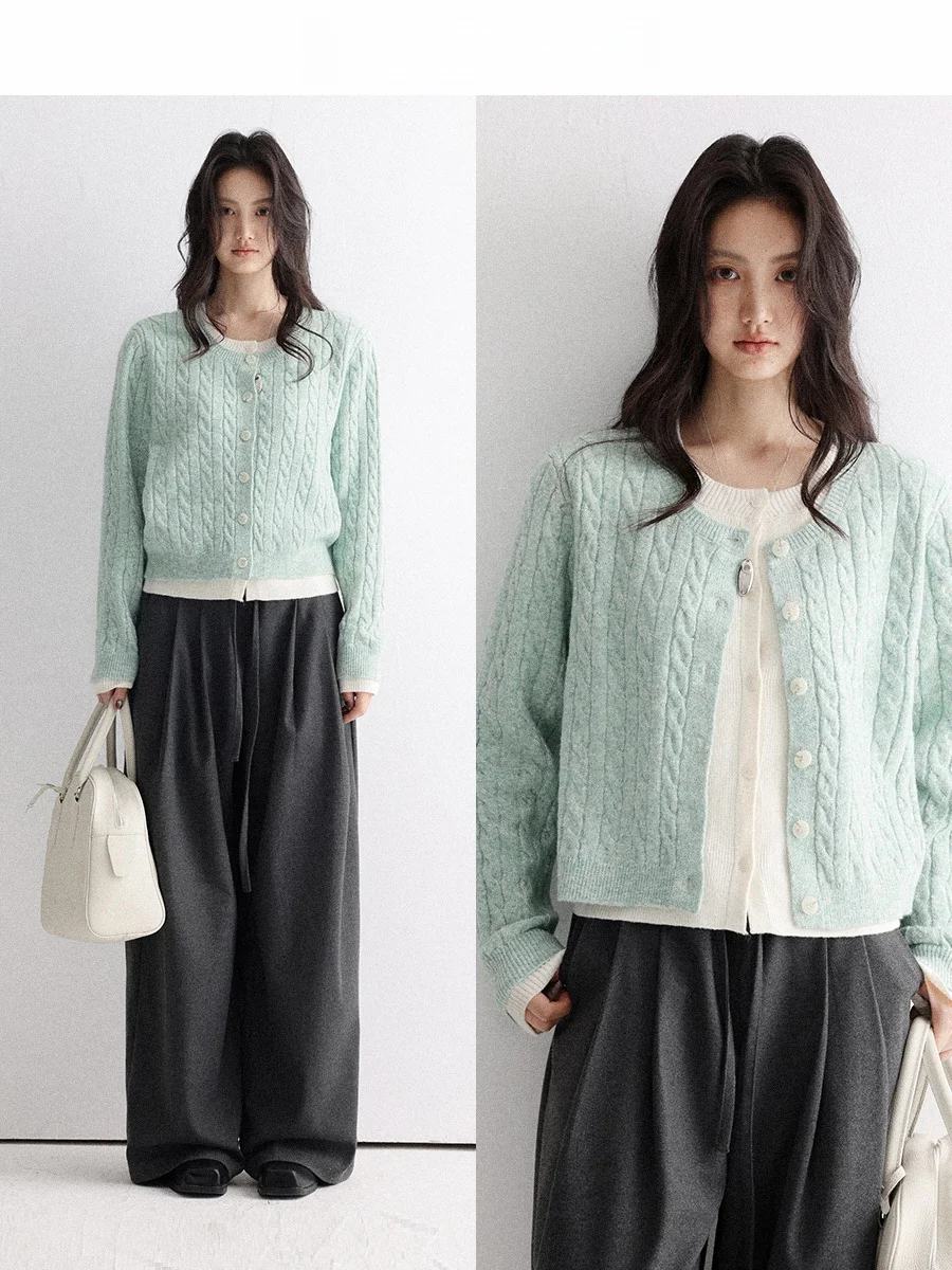 

Мягкий уютный вязаный кардиган с круглым вырезом для женщин, осенне-зимняя утепленная верхняя одежда, теплый свитер с эффектом двухслойности, длинный рукав