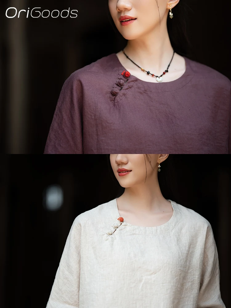 OriGoods Camicetta di lino estiva 2025 Nuova camicia di lino 100% manica corta Donna Stile cinese Vintage Loose Fit Top di lino Tshirt C124