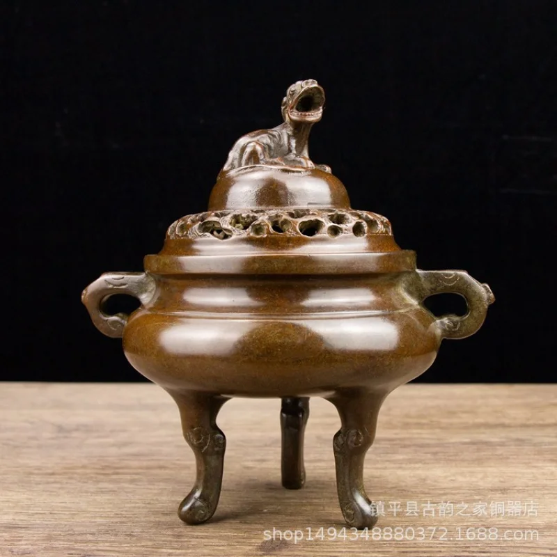 Pure Copper Three-Legged Lion Roar Beast Xuande Incense Aromatherapy Burner Ornament Office Living Room Shop Desktop Deco