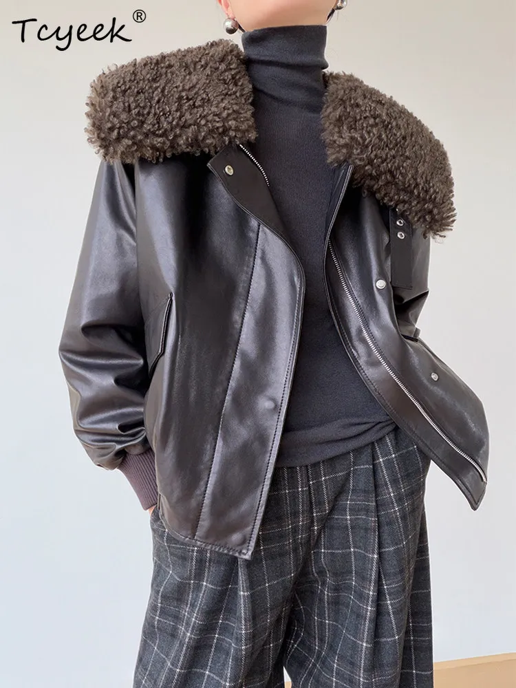Tcyeek Oil Wax Sheepskin Real Leather Jacket Women Autumn Winter Clothes 90% White Goose Down Womens Coats Warm Wool Fur Collar