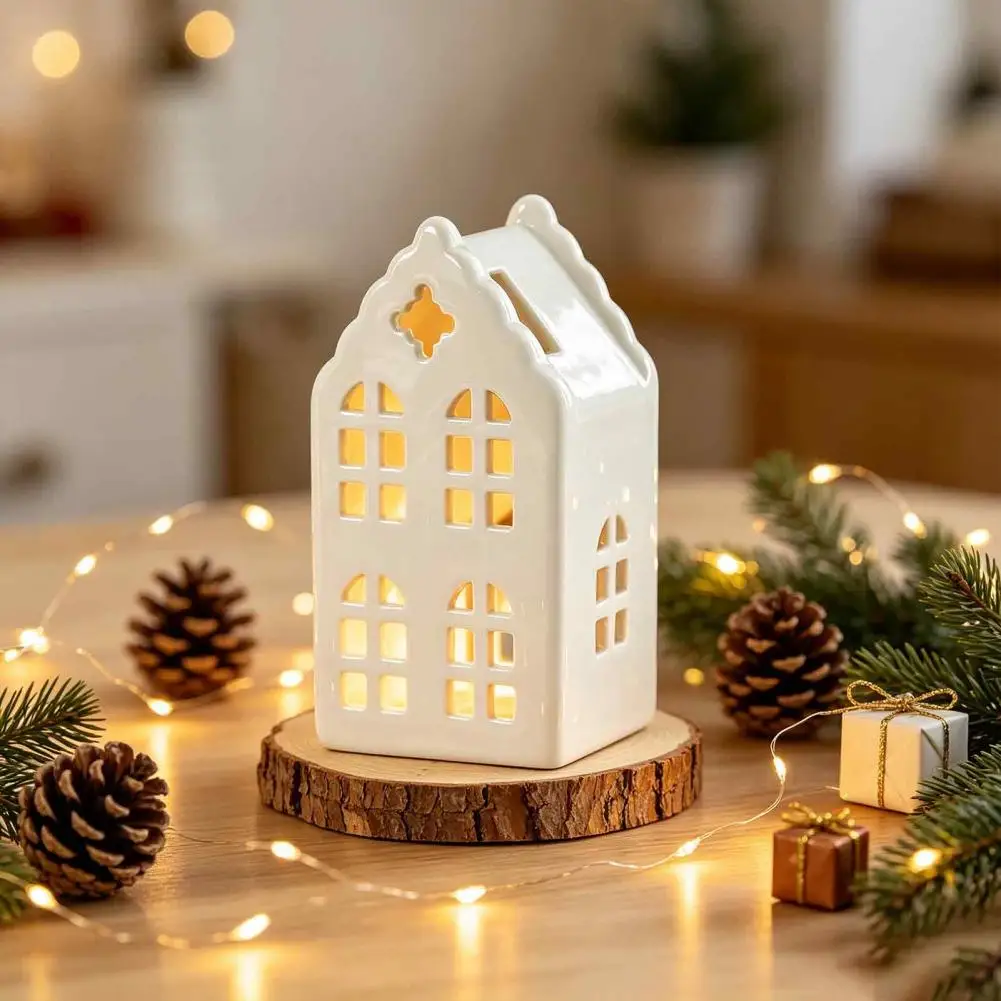 Keramik-Hausförmiger Kerzenhalter, Weißer Hohler Teelichthalter als Dekoration, Künstlerische Miniatur-Hausfigur für Weihnachten Zuhause