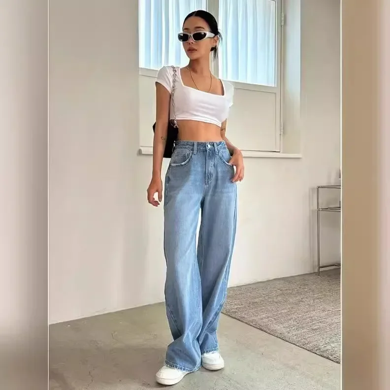 

Women Jeans Bleached Washed Straight Pants Denim Ankle Length Jean Solid High Waist Zipper Fly Basics Loose 2024 Pockets