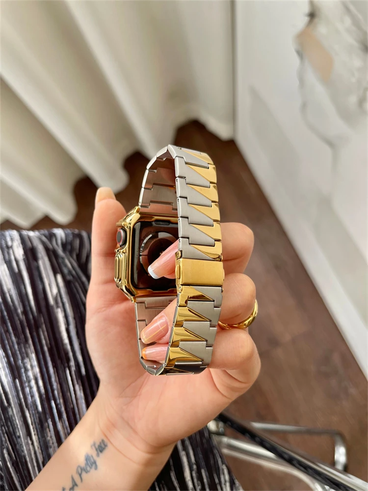 الفاخرة حزام (Band) ساعة ل أبل ساعة 7 41 مللي متر 45 مللي متر المرأة رجل الفولاذ المقاوم للصدأ سوار ل iWatch SE 6 5 4 3 2 1 44 40 42 38 مللي متر حزام