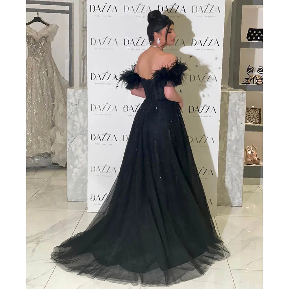 Luxury Beading A-Line Prom Dress Fashion Off the Shoulder Feather Tassel Floor Length Party Gowns Chic Sweep Train Evening Dress image 2