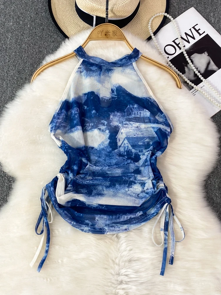 

Chic Water-Media Printed Ne Hanging Strap Vest Women's Outerwear Summer Slimming ort Sle Dstring Top Korean Commute ...