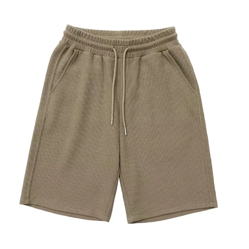 Unisex Heavy Waffle Knit Drawstring Shorts Japanese Minimalist Loose Fit Knee Length Casual Five Points Pants S-4XL