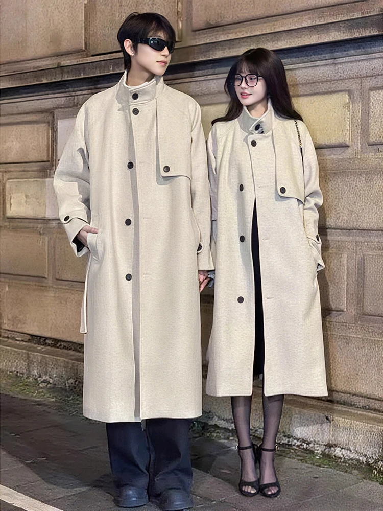 

Briti Sle Double Breasted Woolen Coat Men's Autumn Winter Loose Versatile Heavyweight Medium Length Trench Coat