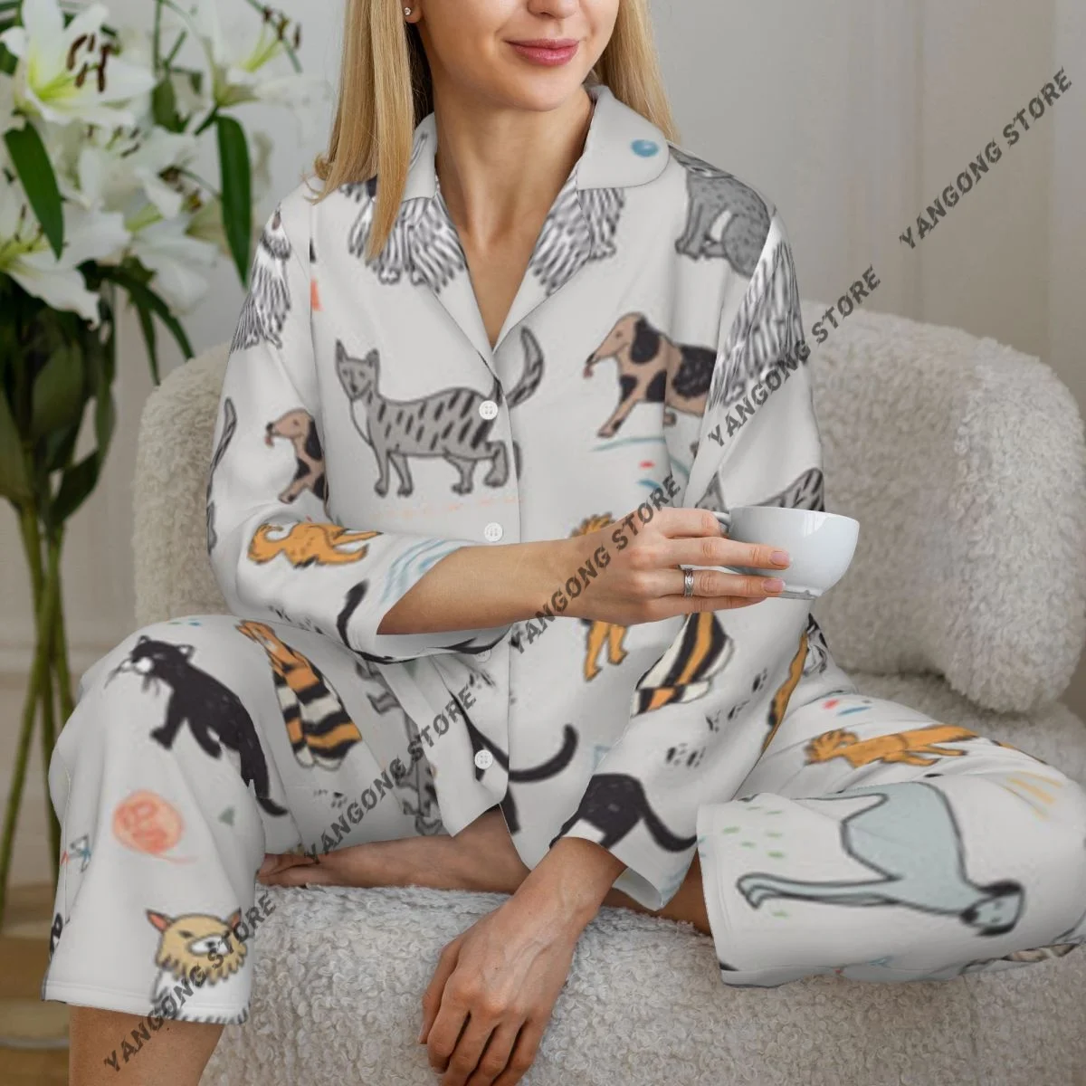 

Женская одежда для сна, пижамы с милыми кошками и собаками, пижама с длинными рукавами, женский комплект, пеньюар, кардиган, костюм