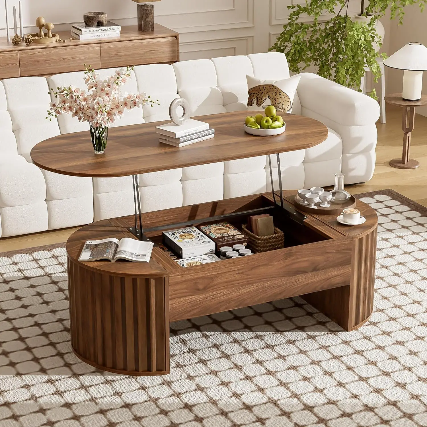 

47.2'' Brown Modern Lift Top Coffee Table - Wooden Center Table with Oval Lift Tabletop & Hidden Compartment