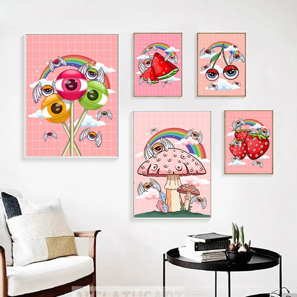 Weirdcore Eyes Cottagecore Art Prints Kawaii Cherry Lollipop Watermelon Food Canvas Painting Pink Aesthetic Wall Art Pictures