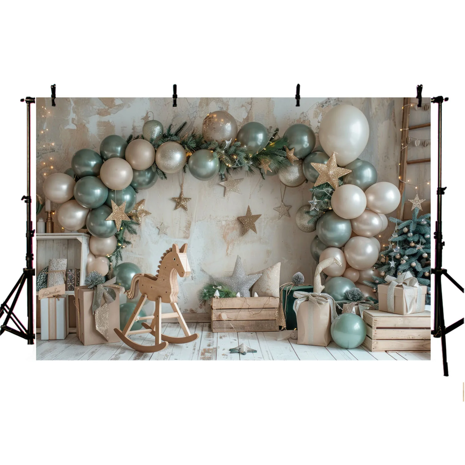 Fondo de fotografía de globos, caja de regalo de caballo de madera, decoración de fiesta de cumpleaños para niños, Baby Shower, pastel, zona de retrato, fondo