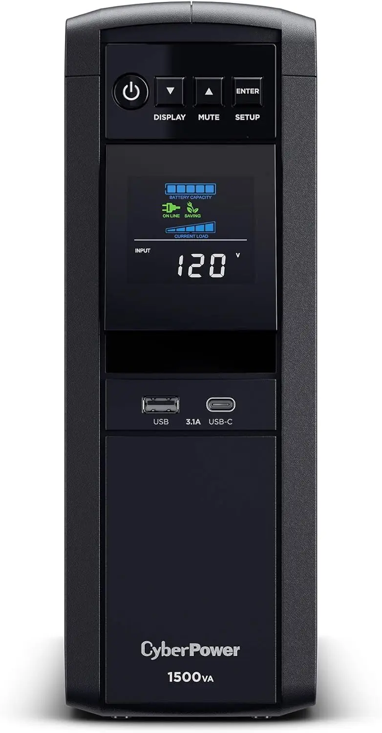 CP1500PFCLCD PFC Sinewave UPS System, 1500VA/1000W, 12 Outlets, AVR, Mini Tower,Black